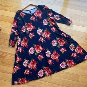 Floral Midi Dress - Navy and Red with Pockets